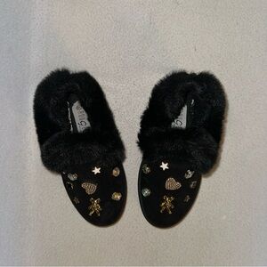 Rouge Platform Clogs Women’s 8.5 Black Fur Trim Charms Suede Slip Ons Grunge